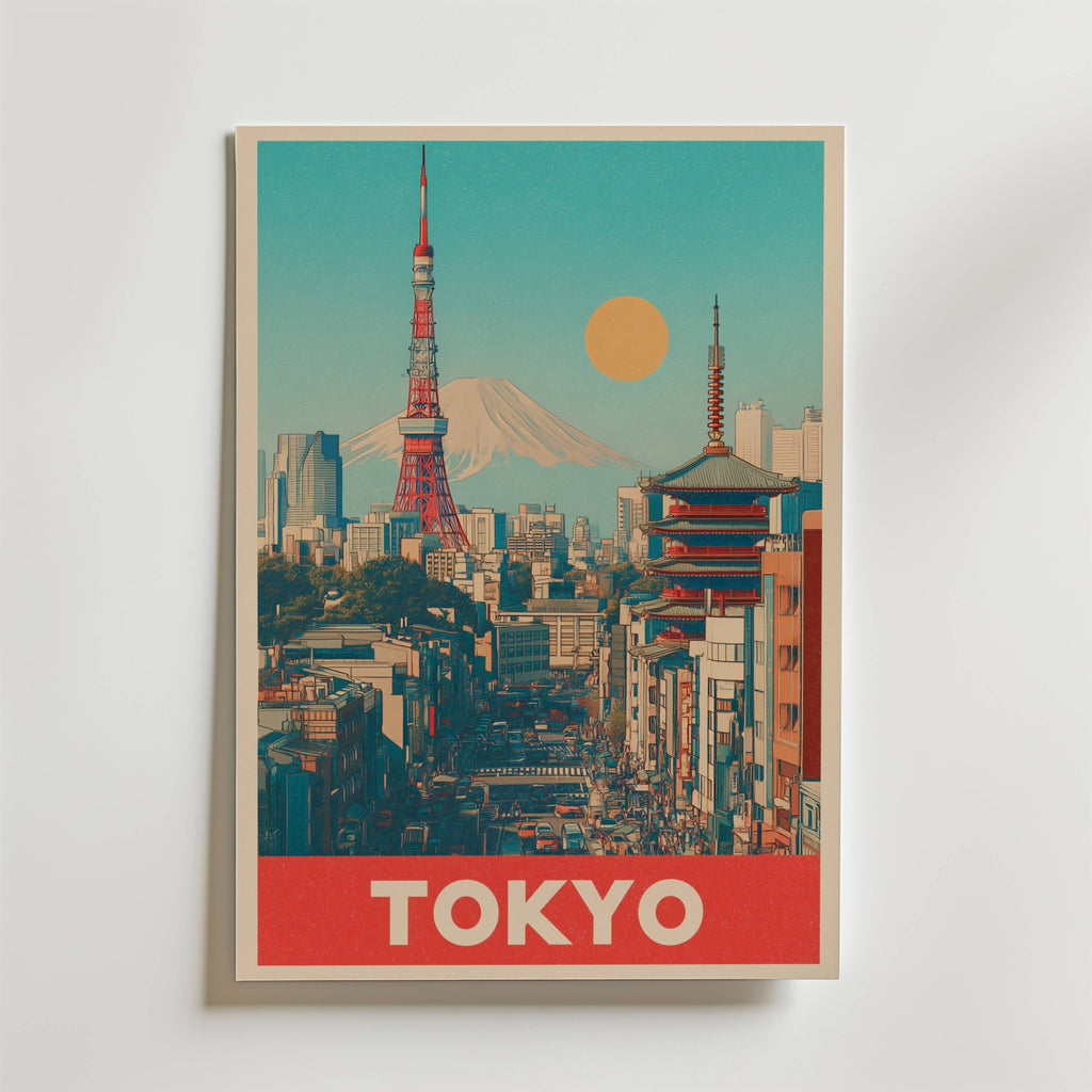 Bozetto Tokyo City Poster föreställer Tokyo Tower, stadsbyggnader, en pagod, Mount Fuji, en solnedgång och "TOKYO" i feta vita bokstäver på en röd remsa längst ner.