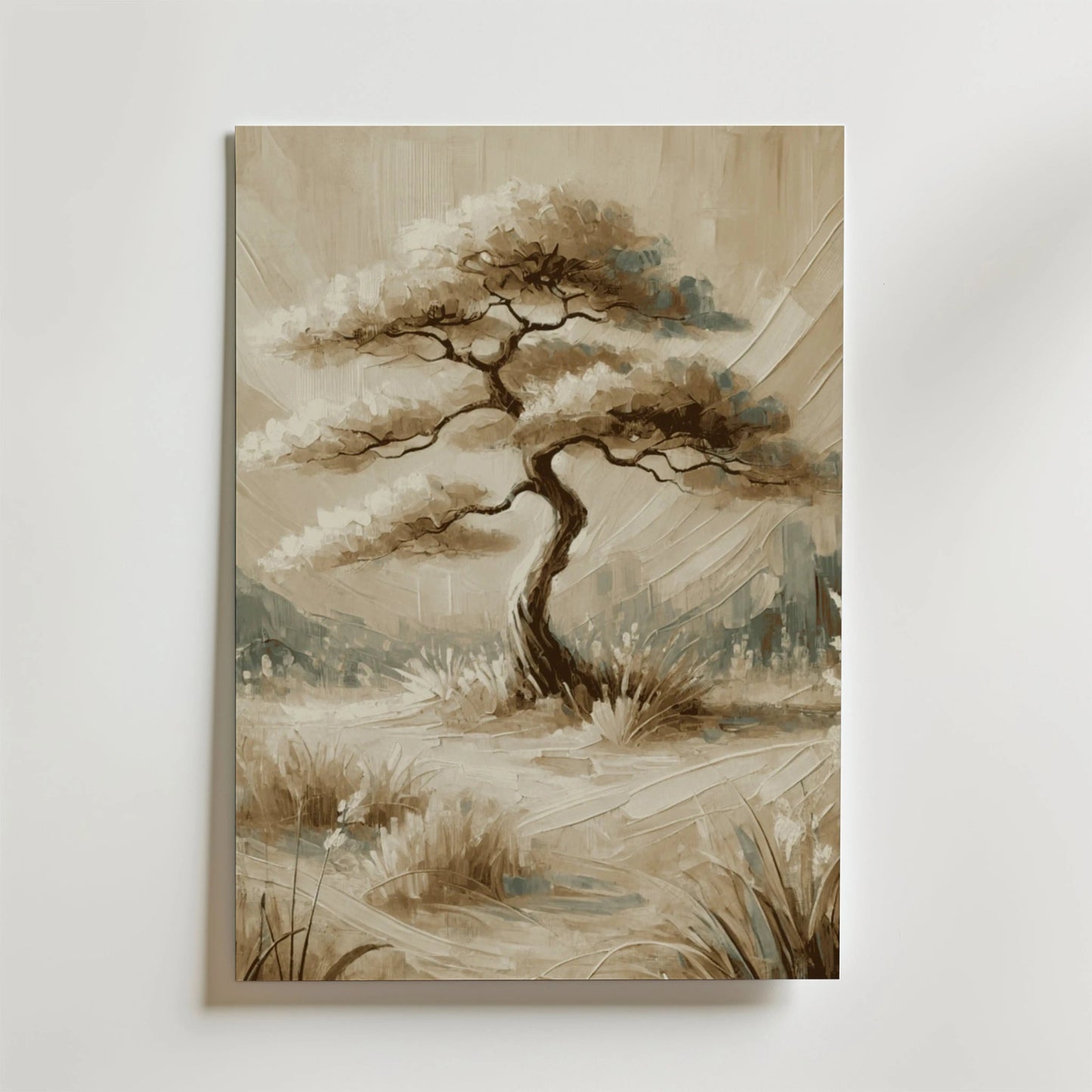 En sepiatonad Bozetto Serene Nature Tree Poster, med ett ensamt vridet träd med skira bladverk på gräs, målad med mjuka penseldrag, hänger på en vit vägg - tryckt på FSC-certifierat premiumpapper.