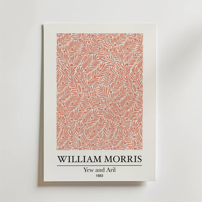 Bozetto William Morris Yew and Aril Poster har ett rött bladmönster med titel och undertext på en vit bakgrund, som förkroppsligar naturens rytm i sitt stilla mönster.