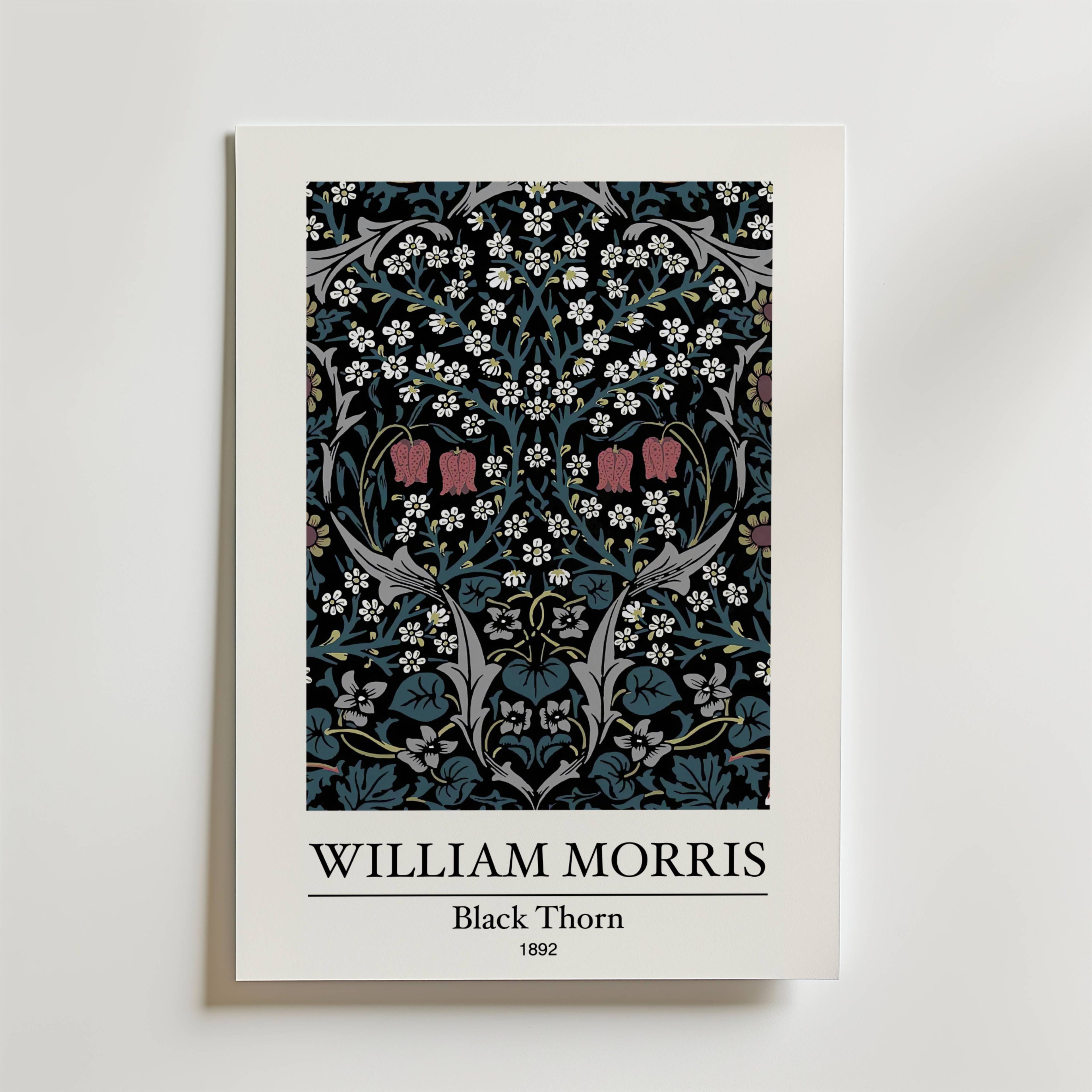 Bozetto William Morris Black Thorn Poster föreställer den ikoniska blomsterdesignen från 1892 med rosor, vita blommor, gröna blad och röda blommor på en mörk bakgrund. Titeln och konstnärens namn visas under konstverket.