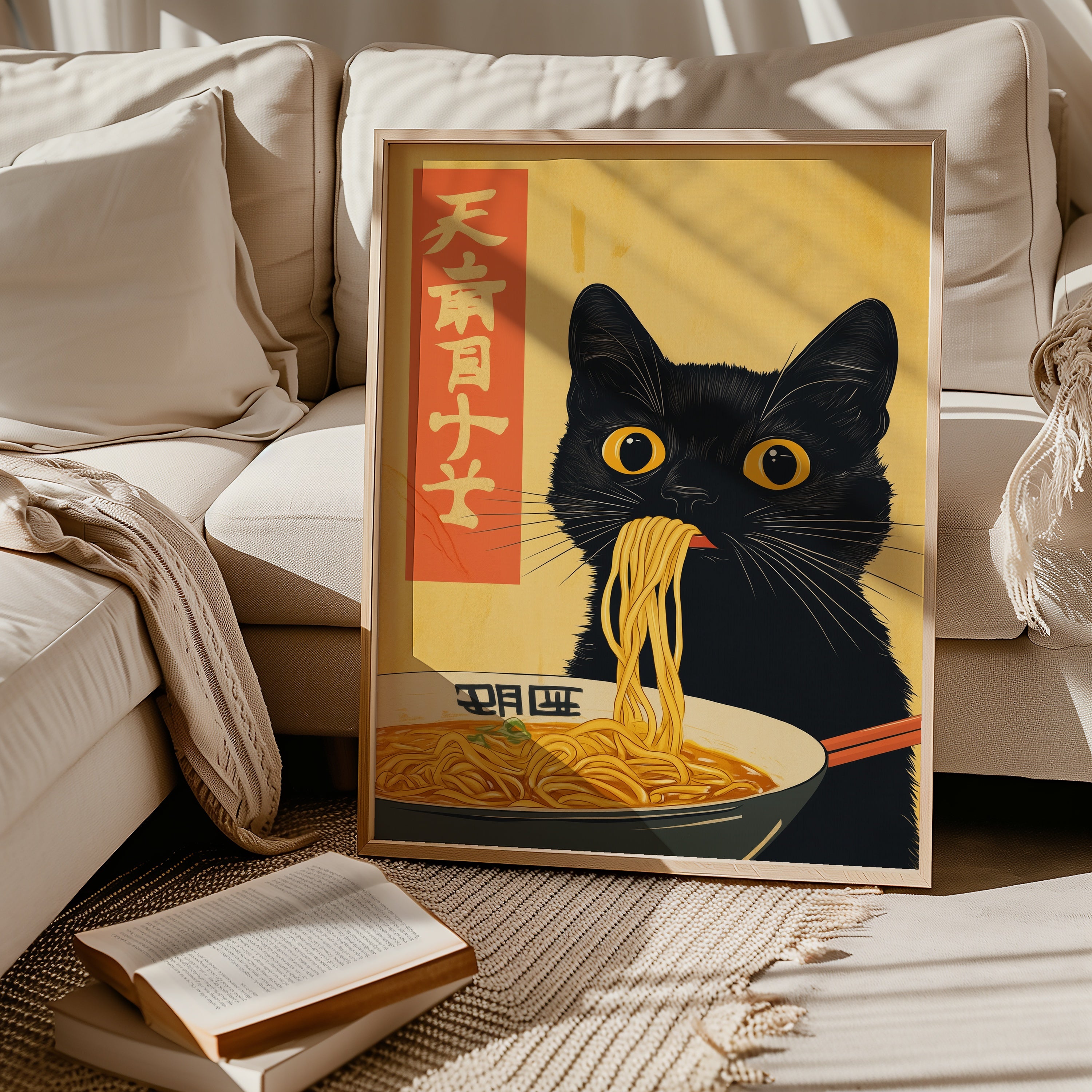 Black Cat Eats Ramen affisch i stilren inredning – Bozetto poster i hög tryckkvalitet