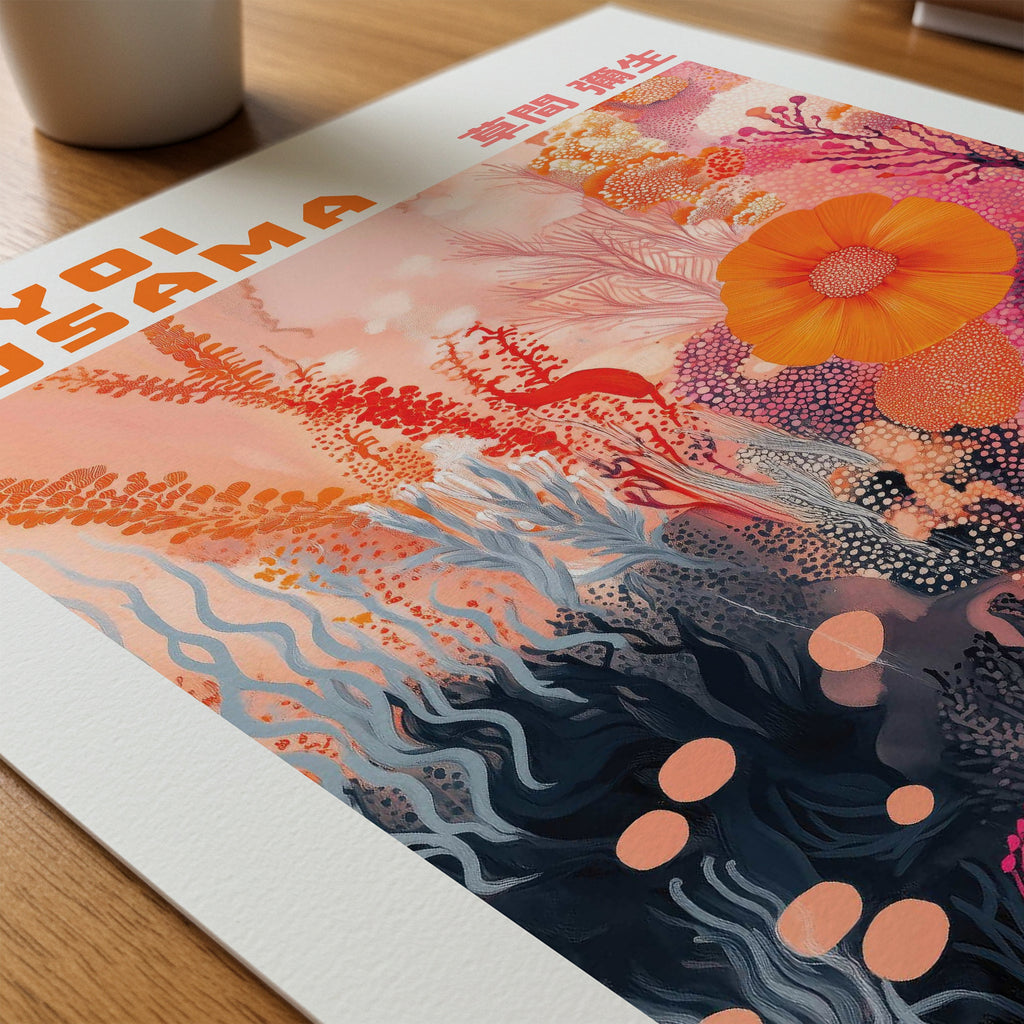 Yayoi Kusama Coral Bloom Reverie poster paper_desk på skrivbord – Bozetto