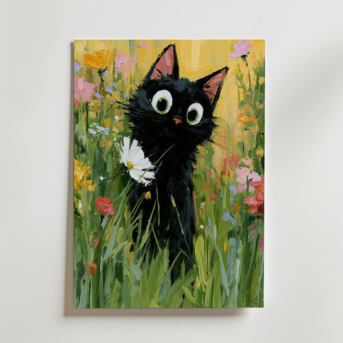Garden Cat with White Flower Poster, svart katt med vit blomma i sommarang, konsttryck fran Bozetto