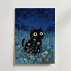 Blue Hour Cat Poster – En stämningsfull och drömsk poster som fångar en svart katt sittandes i en blomstrande äng under