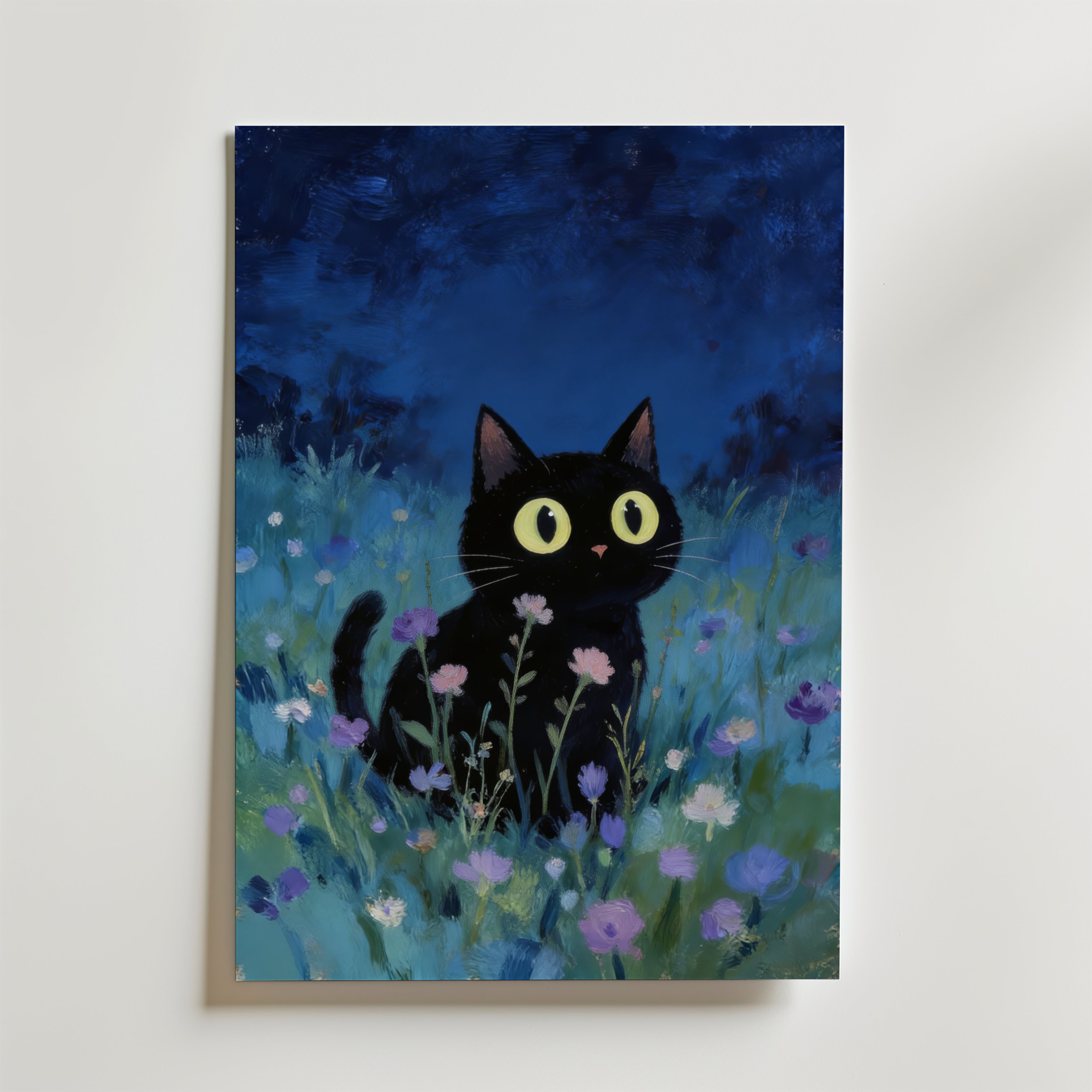 Blue Hour Cat Poster – En stämningsfull och drömsk poster som fångar en svart katt sittandes i en blomstrande äng under