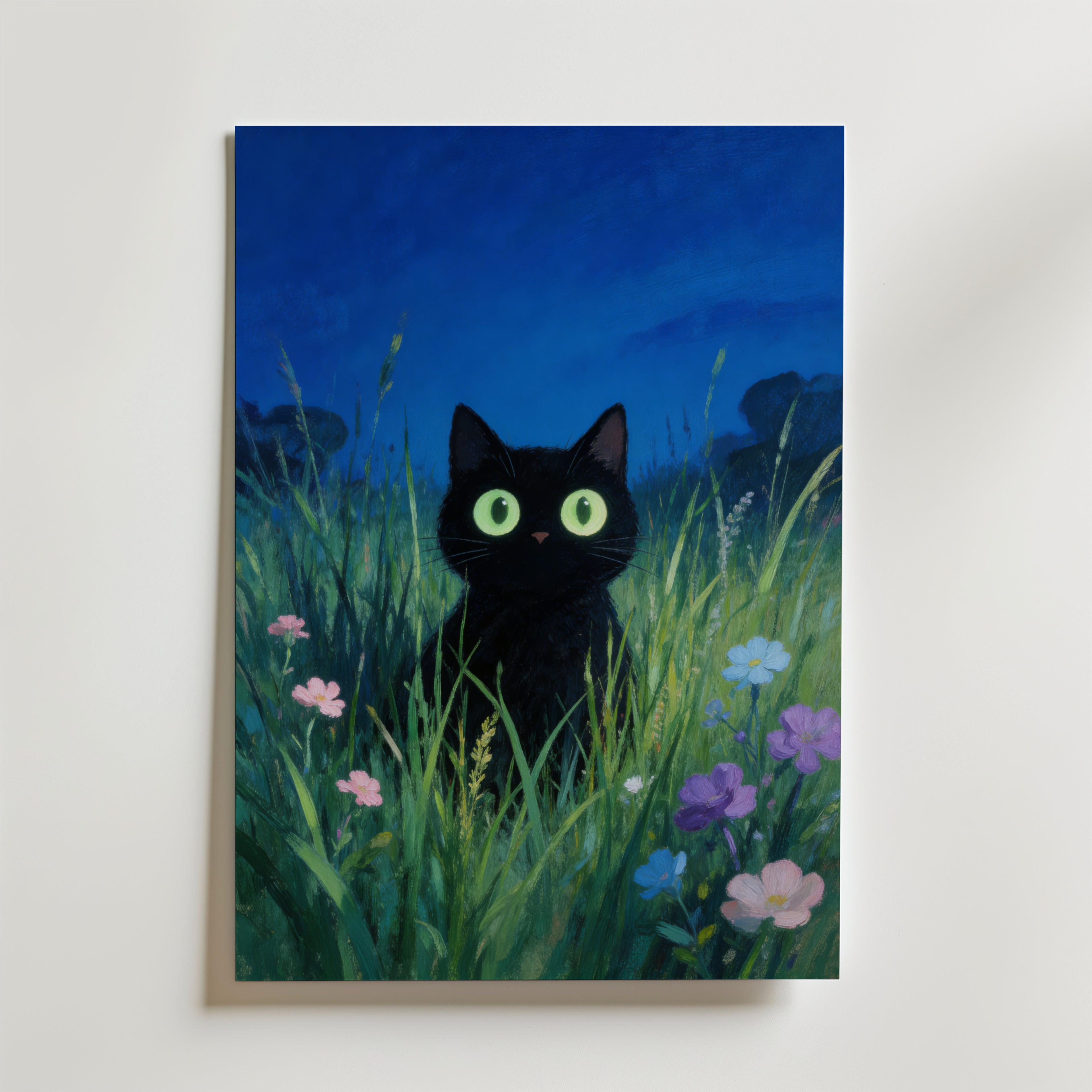 Verdant Night Cat Poster – En stämningsfull och rogivande poster som fångar en svart katt sittandes i ett högt gräs,