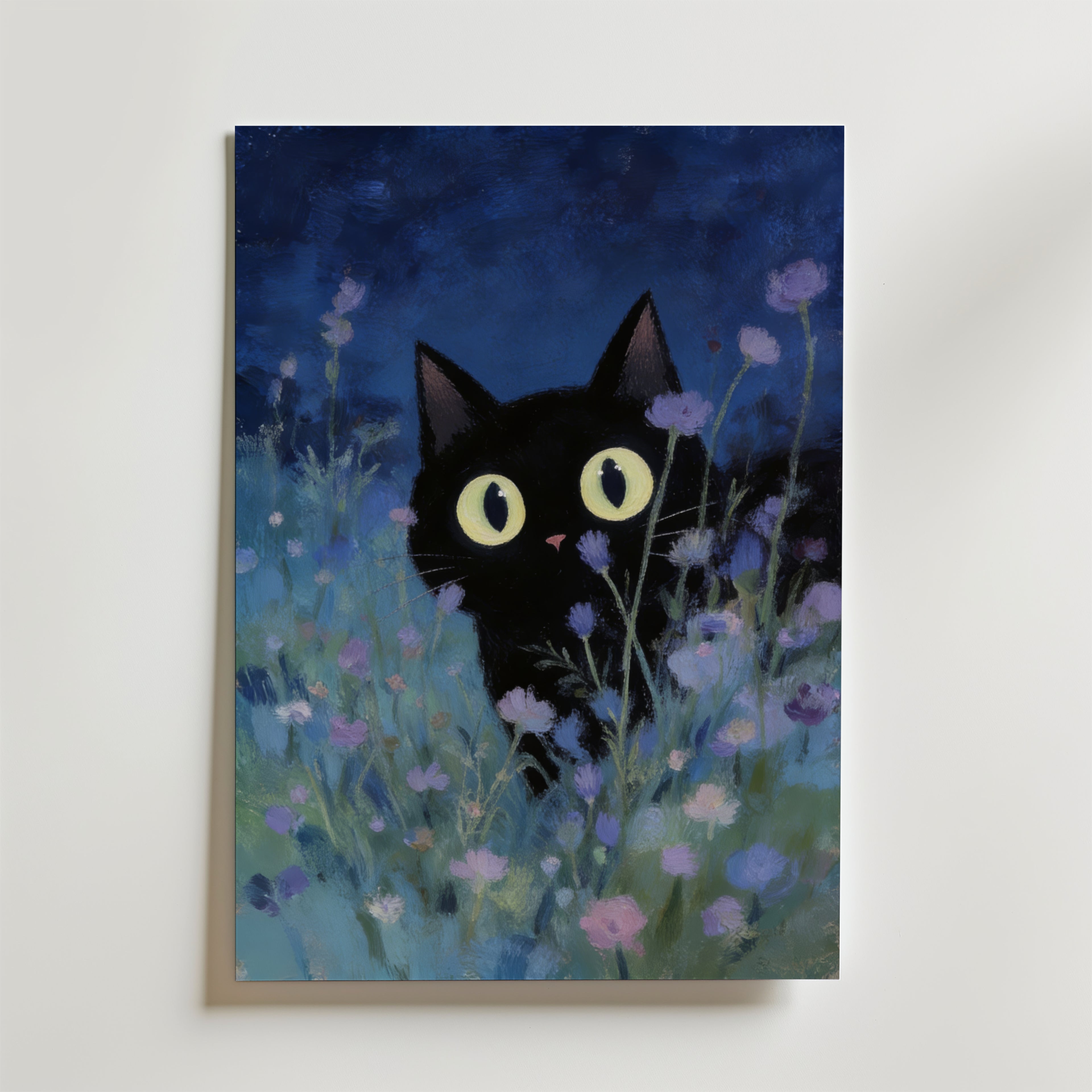 Night Whisper Cat Poster – En förtrollande och intim poster där en svart katt försiktigt kikar fram bland mjuka