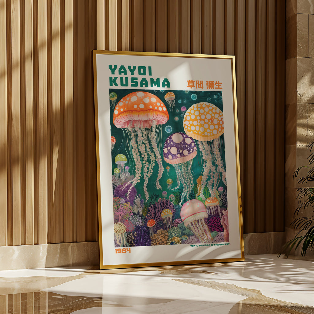 Yayoi Kusama Deep Sea Jellyfish Symphony poster på vägg i inrett rum – konsttryck från Bozetto i hög kvalitet