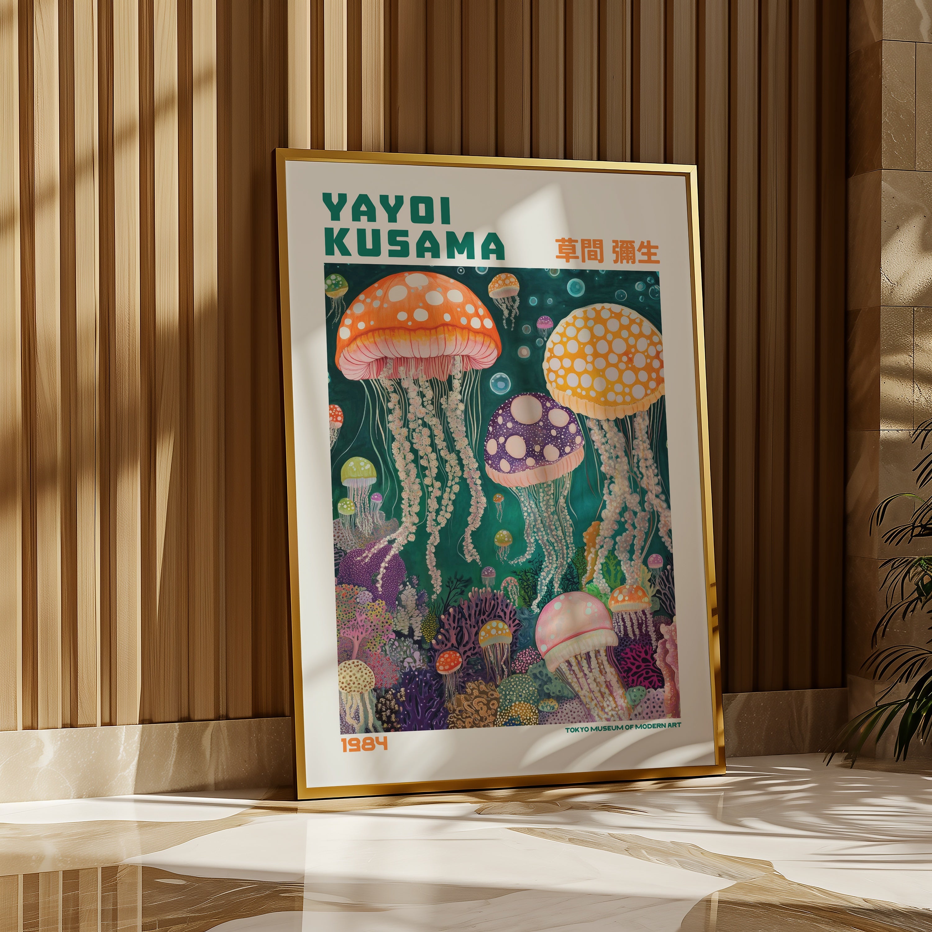 Yayoi Kusama Deep Sea Jellyfish Symphony poster på vägg i inrett rum – konsttryck från Bozetto i hög kvalitet