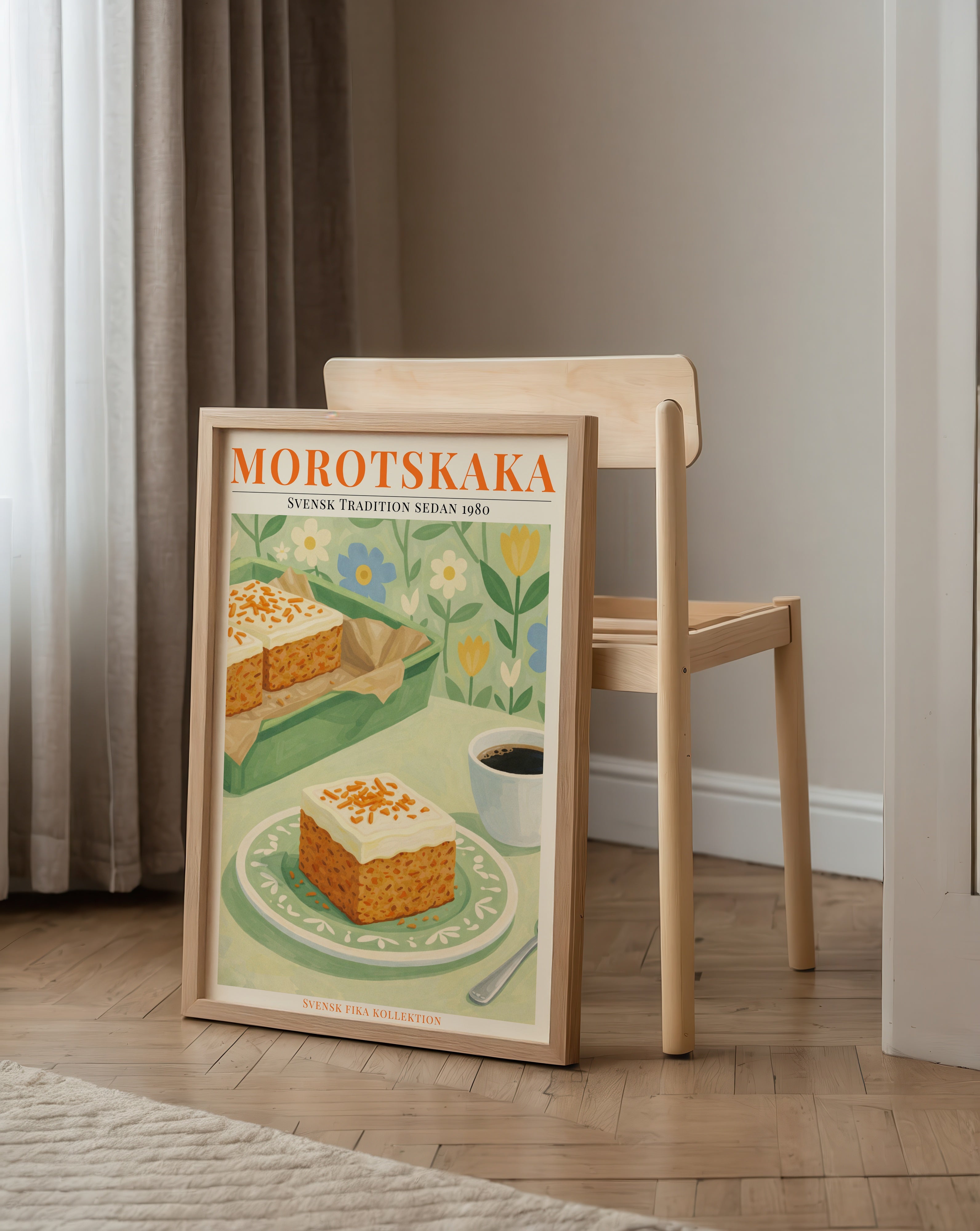 Morotskaka affisch i ljust minimalistiskt vardagsrum – köp enkelt hos Bozetto i hög kvalitet