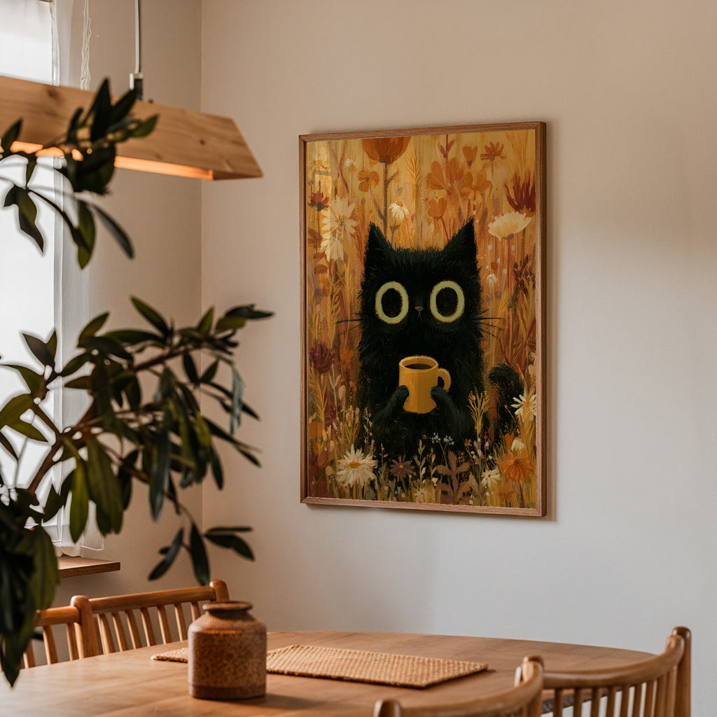 Cat in Orange Meadow Poster i ram på vägg