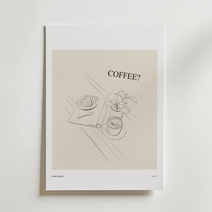 Bozetto Minimal frukostaffisch: En stilren kökstavla med illustration av en croissant på servett, sked, kaffekopp och krukväxt samt texten COFFEE? på neutral bakgrund.