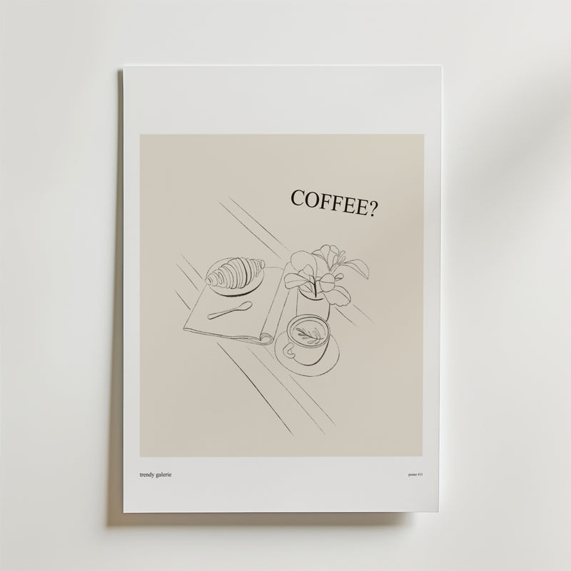 Bozetto Minimal frukostaffisch: En stilren kökstavla med illustration av en croissant på servett, sked, kaffekopp och krukväxt samt texten COFFEE? på neutral bakgrund.