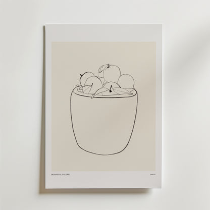 Still Life Offering Poster by Bozetto har en minimalistisk linjeteckning av en krukväxt med rundade frukter eller blad på en vit bakgrund med en tunn kant - en harmonisk accent för lugna, stilfulla interiörer.