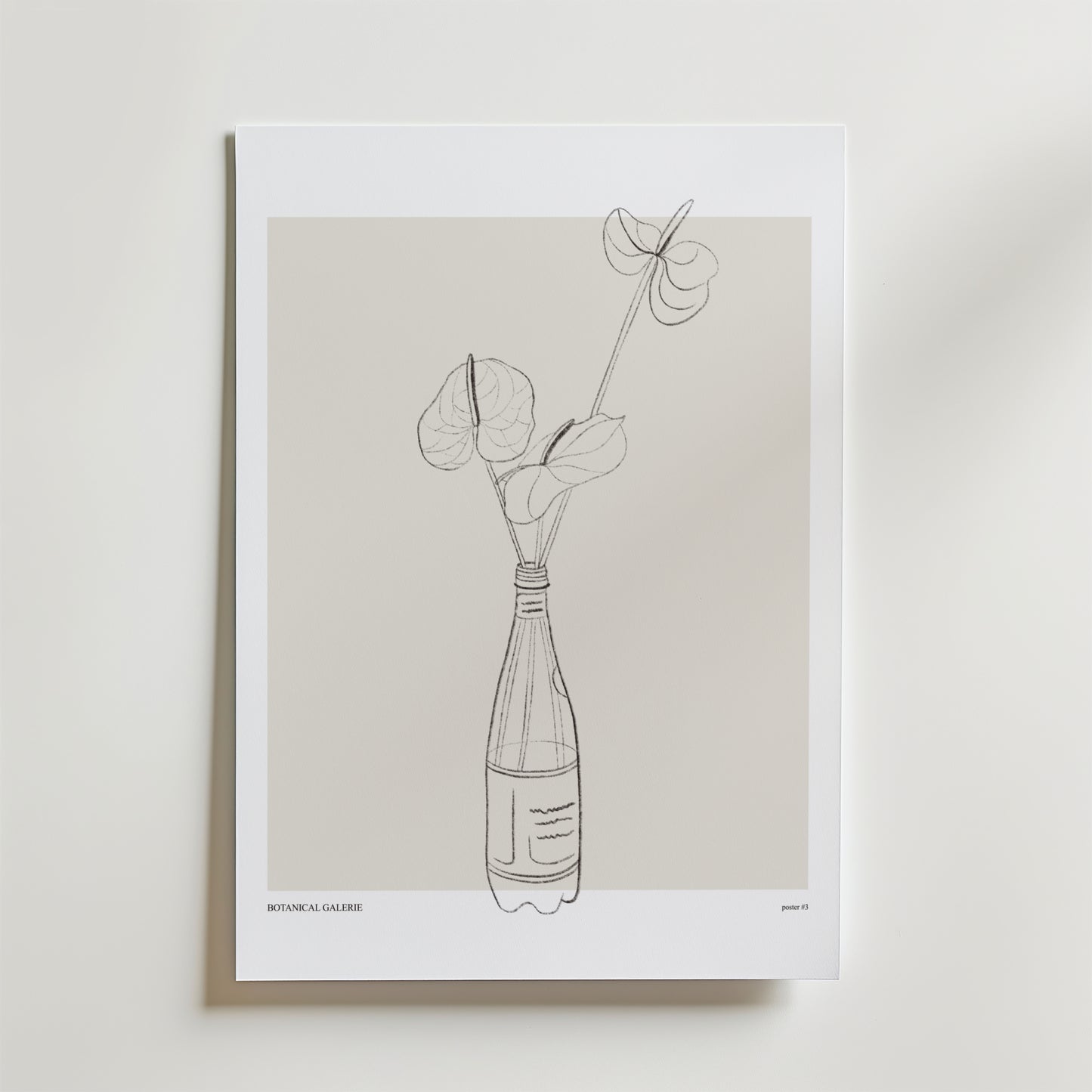 En minimalistisk linjeteckning av blommor i en flaska på en vit bakgrund med en mjuk beige kvadrat. Den eleganta Bloom Against Norms Poster by Bozetto är signerad längst ner till vänster.