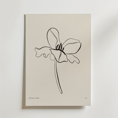 Postern Born To Unfold från Bozetto har minimalistiska svarta linjer av en enda bredbladig blomma med en vågig stjälk på en benvit bakgrund - ett lugnt och modernt blomsterprint för alla rum.