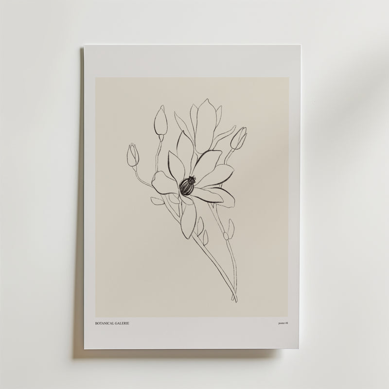 Petals Of Thought Poster från Bozetto: En minimalistisk blomillustration i full blom och knoppar på beige bakgrund, tryckt med vit kant. Perfekt för en lugn och elegant inredning.