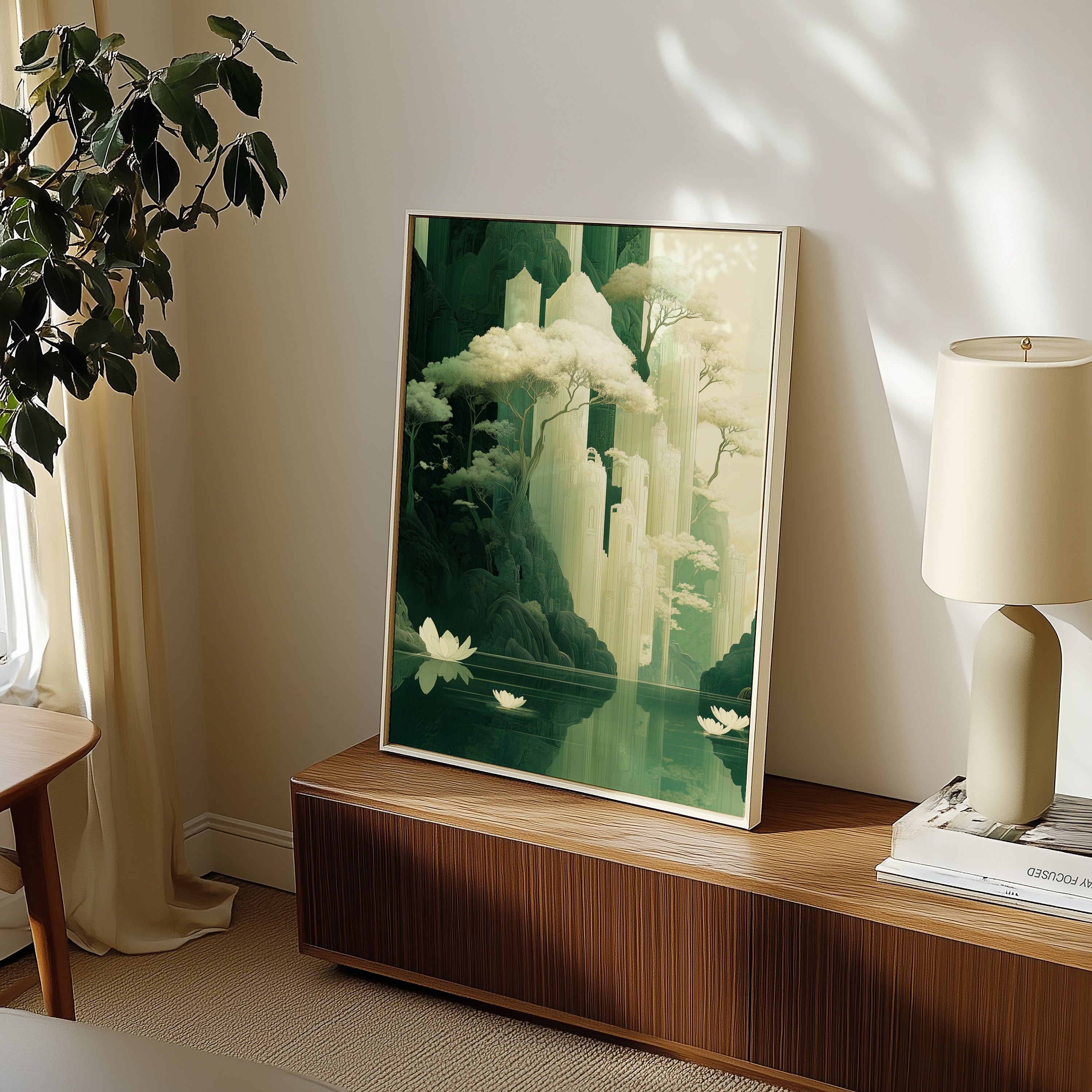 Serenity of the Forgotten Peaks poster i stilren interiör – Bozetto