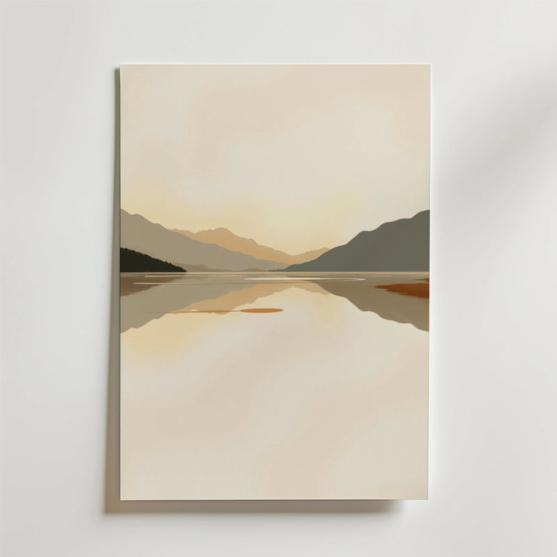 Silent Reflections Poster by Bozetto har en minimalistisk sjö och berg i mjukt beige och brunt, tryckt på FSC-certifierat premiumpapper med en lyxigt matt yta för en lugn och rofylld känsla.