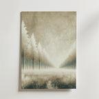 Bozetto Whispers Of The Forest Poster föreställer höga, smala träd som försvinner in i dimman på FSC-certifierat premiumpapper med en lyxigt matt yta, vilket skapar en drömsk och elegant look i mjuka, dämpade toner.