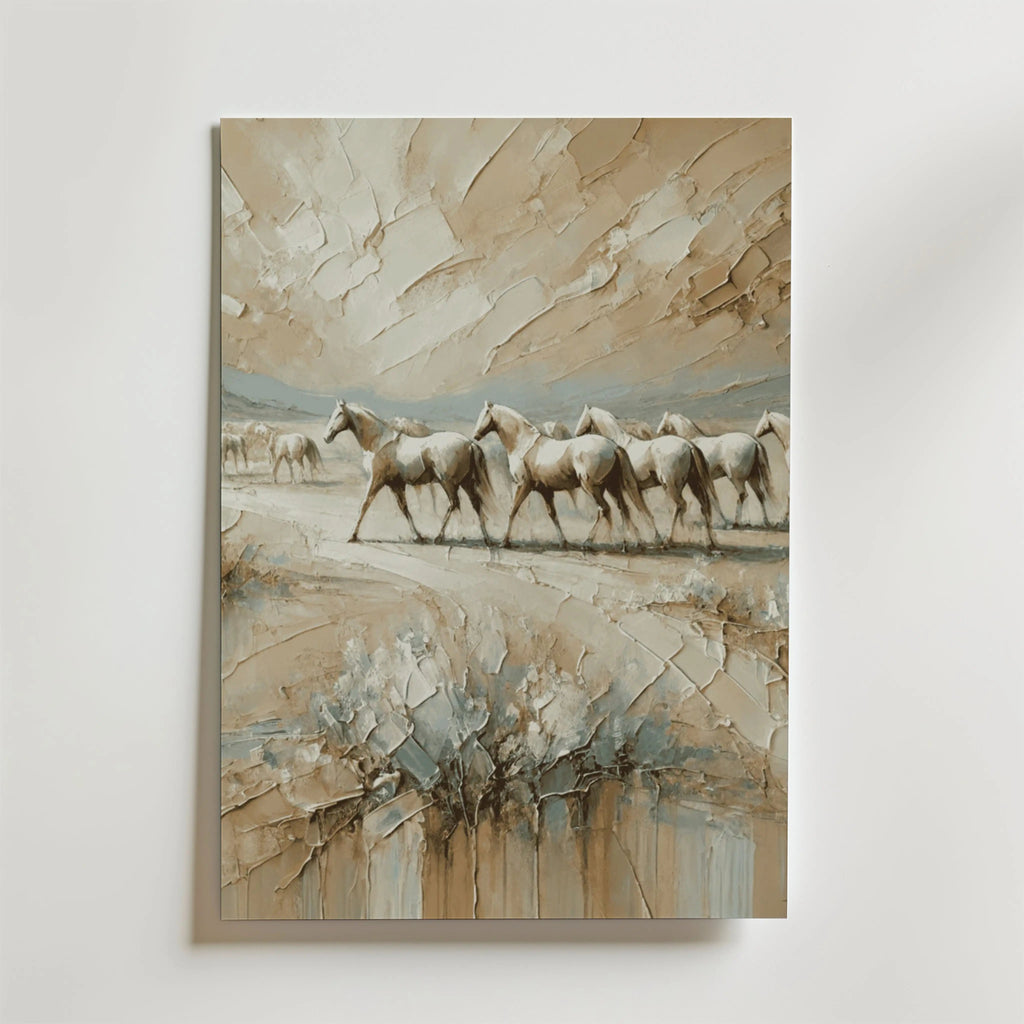 Bozetto Spirit Herd Poster föreställer hästar som springer över ett soligt landskap i beige och ljusbruna toner, tryckt på exklusivt premiumpapper - perfekt för inredning med sin dynamiska, impressionistiska stil.