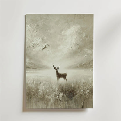 Bozetto Whispering Deer Poster visar en sepiahjort i ett dimmigt landskap på FSC-certifierat premiumpapper med en lyxigt matt yta, vilket skapar en miljövänlig och lugn atmosfär.