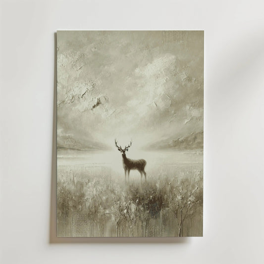 Bozetto Whispering Deer Poster visar en sepiahjort i ett dimmigt landskap på FSC-certifierat premiumpapper med en lyxigt matt yta, vilket skapar en miljövänlig och lugn atmosfär.