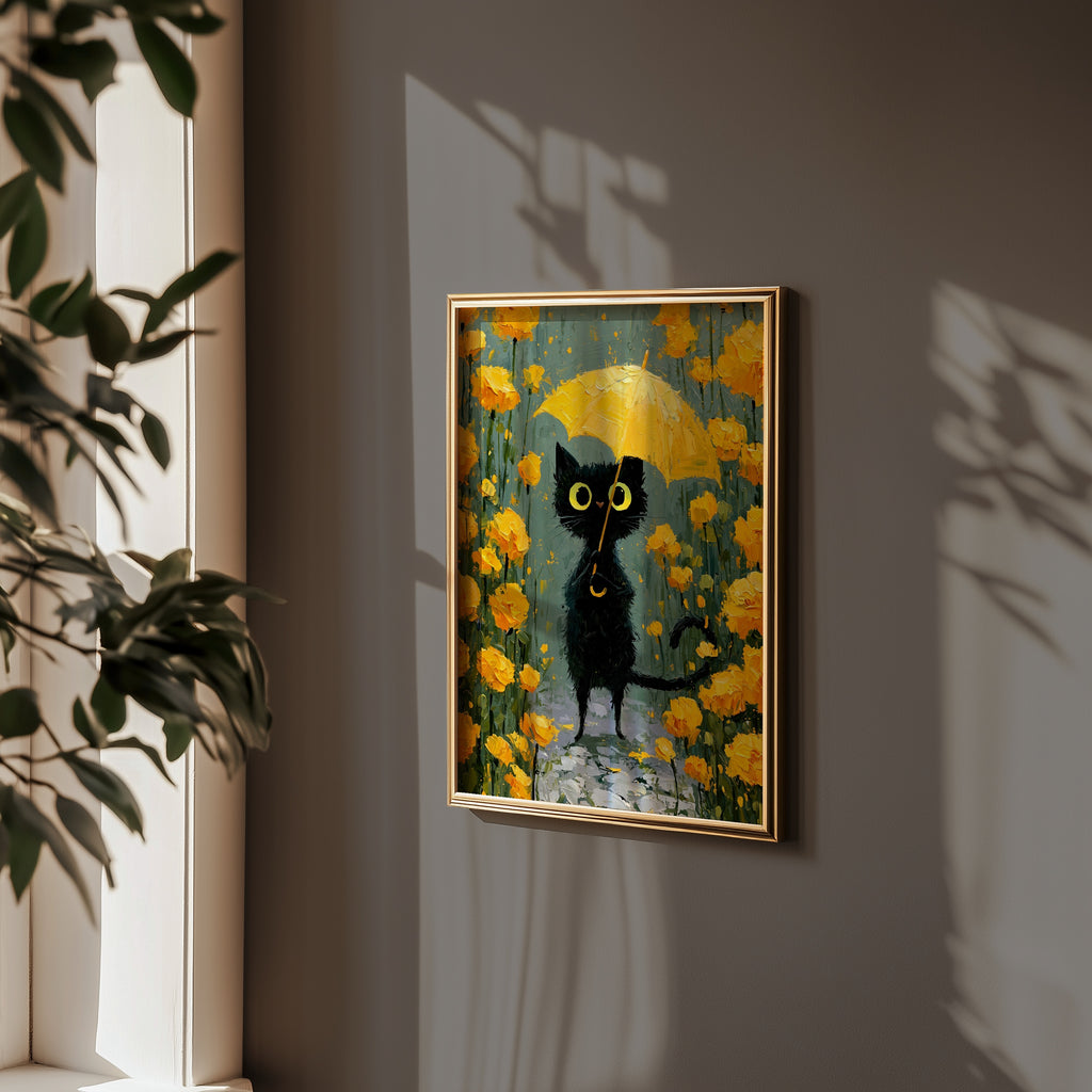 Umbrella Cat in Yellow Garden Poster i ram i stilren miljö